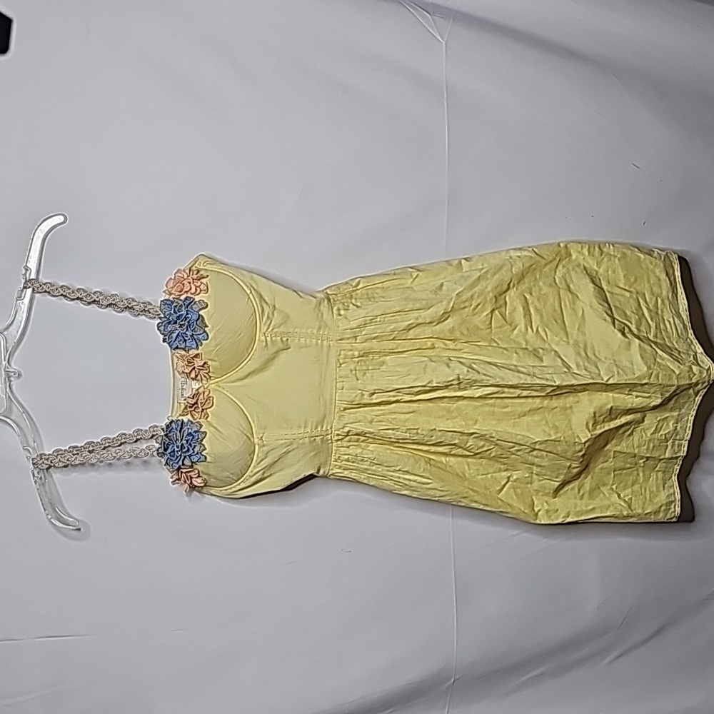 Yellow Floral-Trim Mini Dress with Lace Straps